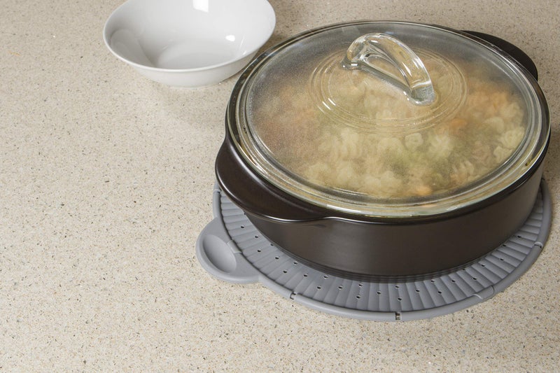 Simply Served Silicone Splatter Screen, Multi-Use Kitchen Tool, Protect Stovetop and Counters, 3-in-1 Silicone Kitchen Trivet, Splatter Screen, and Colander Lid, Gray - Image 2